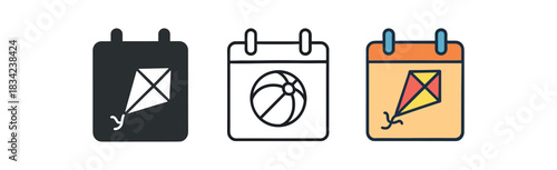 weekend routine icons three calendar page with kite or ball icons one flat solid monochrome one thin black outline black and white one full color flat icon cheerful weekend colors