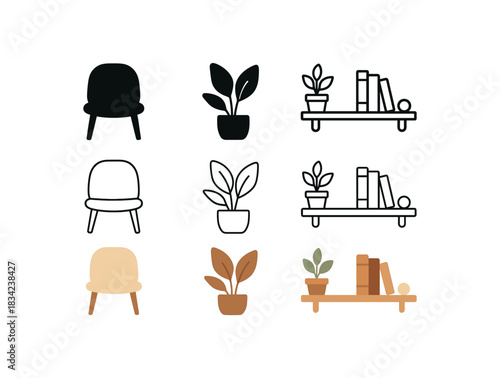 interior styling icons three chair plant and shelf silhouettes one flat solid monochrome one thin black outline black and white one full color flat icon warm neutral tones