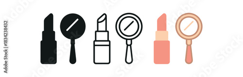 makeup hobby icons three lipstick brush and mirror silhouettes one flat solid monochrome one thin black outline black and white one full color flat icon blush and beige