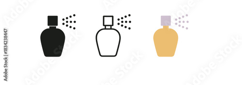 perfume hobby icons three perfume bottle silhouette with spray detail one flat solid monochrome one thin black outline black and white one full color flat icon gold and lilac