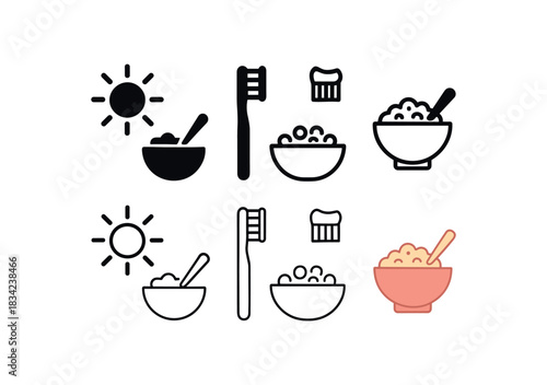 morning routine icons three grouped icons of sun toothbrush and cereal bowl one flat solid monochrome one thin black outline black and white one full color flat icon calm sunrise palette