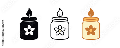 candle jar icons three jar silhouette with flame and flower one flat solid monochrome one thin black outline black and white one full color flat icon ivory and amber