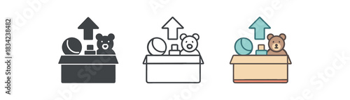 time to tidy icons three toy box with arrow icon and simple toys one flat solid monochrome one thin black outline black and white one full color flat icon soft playful palette