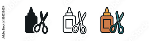 school project icons three small cardboard model glue and scissors grouped icons one flat solid monochrome one thin black outline black and white one full color flat icon art class colors