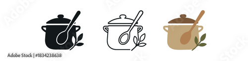 mindful cooking icons three pot spoon and herb silhouettes one flat solid monochrome one thin black outline black and white one full color flat icon earthy tones