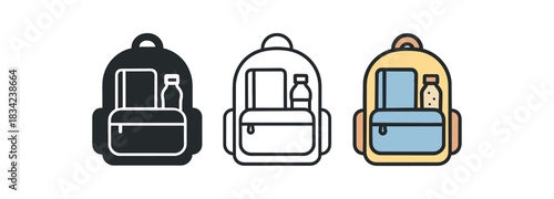 backpack packing icons three open backpack icons with notebook bottle and snack shapes one flat solid monochrome one thin black outline black and white one full color flat icon soft primary