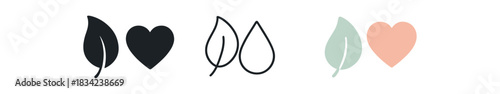 self care icons three leaf drop and heart silhouettes one flat solid monochrome one thin black outline black and white one full color flat icon pastel mint and blush