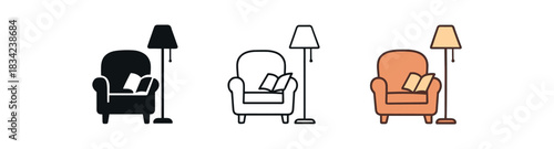 cozy reading nook icons three chair lamp and book silhouettes one flat solid monochrome one thin black outline black and white one full color flat icon warm soft tones