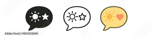 morning affirmation for kids icons three speech bubble icons with small sun and heart symbols one flat solid monochrome one thin black outline black and white one full color flat icon soft