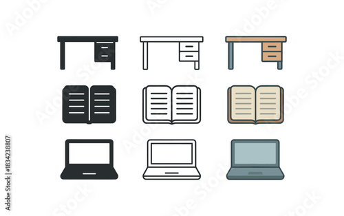 tidy workspace icons three desk notebook and laptop silhouettes one flat solid monochrome one thin black outline black and white one full color flat icon muted office tones