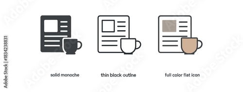 reading morning paper icons three newspaper or tablet icons with cup beside one flat solid monochrome one thin black outline black and white one full color flat icon calm neutral tones