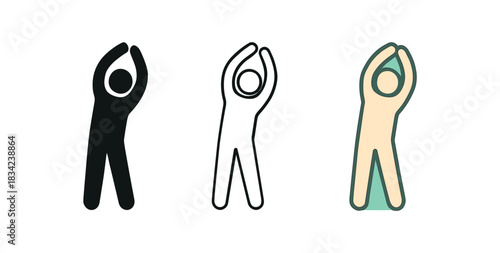 stretching icons three person silhouettes stretching arms upward one flat solid monochrome one thin black outline black and white one full color flat icon light green and beige