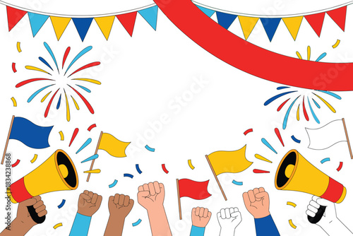 A celebratory scene with hands raised, flags, confetti, and fireworks suggests a rally or festival.