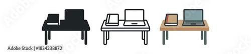tidy workspace icons three desk notebook and laptop silhouettes one flat solid monochrome one thin black outline black and white one full color flat icon muted office tones