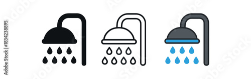 shower icons three shower head silhouettes with water droplets one flat solid monochrome one thin black outline black and white one full color flat icon blue and gray