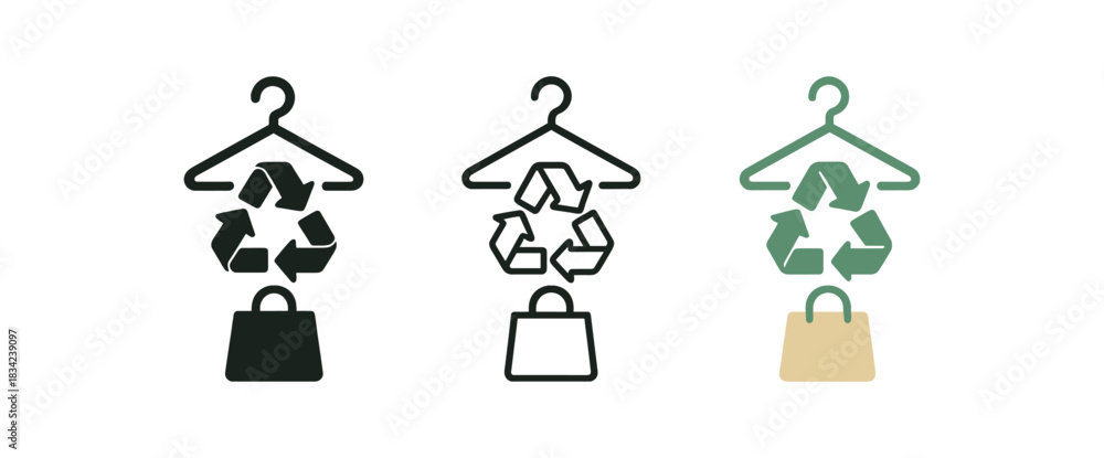 Fototapeta premium fashion recycling icons three hanger arrow and bag silhouettes one flat solid monochrome one thin black outline black and white one full color flat icon green and sand