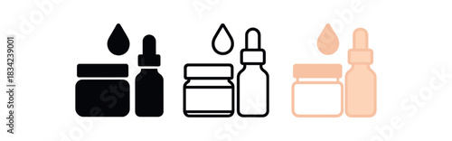 morning skincare icons three small jar or bottle icons with droplet one flat solid monochrome one thin black outline black and white one full color flat icon soft peach and white
