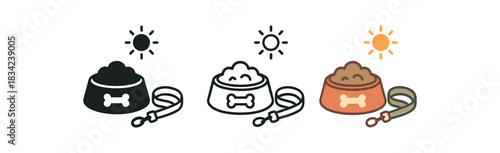 pet morning care icons three bowl and leash icons with tiny sun symbol one flat solid monochrome one thin black outline black and white one full color flat icon cozy home colors