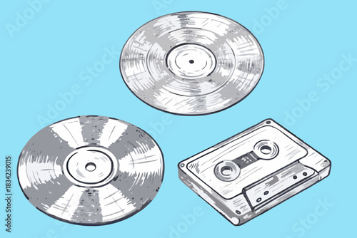 Hand-drawn illustration of a record and an audio cassette, capturing a retro music vibe. Perfect for vintage, audio, music, nostalgia, and creative design projects.