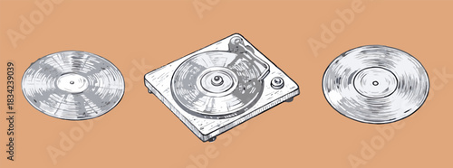 Hand-drawn illustration of a record player with vinyl records, capturing a retro music vibe. Perfect for vintage, audio, music, nostalgia, and creative design projects