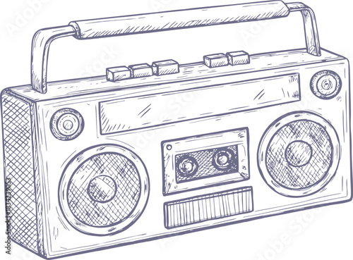 Retro cassette player on a white background, featuring vintage buttons and classic design details. Perfect for nostalgic, musical, and artistic concepts. Hand-drawn sketch illustration
