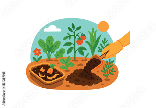 Flat vector illustration of bright compost spreading scene with vivid garden plants growing rounded shapes clean outline sustainable lifestyle