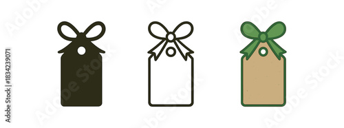 sustainable packaging icons three kraft box tag and ribbon silhouettes one flat solid monochrome one thin black outline black and white one full color flat icon beige and green