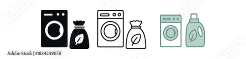 eco laundry icons three washing bag leaf and bottle silhouettes one flat solid monochrome one thin black outline black and white one full color flat icon mint and cream