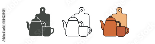 cozy kitchen icons three kettle mug and cutting board grouped icons one flat solid monochrome one thin black outline black and white one full color flat icon warm home palette