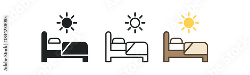 make bed icons three bed icons with neat blanket fold and sun symbol one flat solid monochrome one thin black outline black and white one full color flat icon linen and white