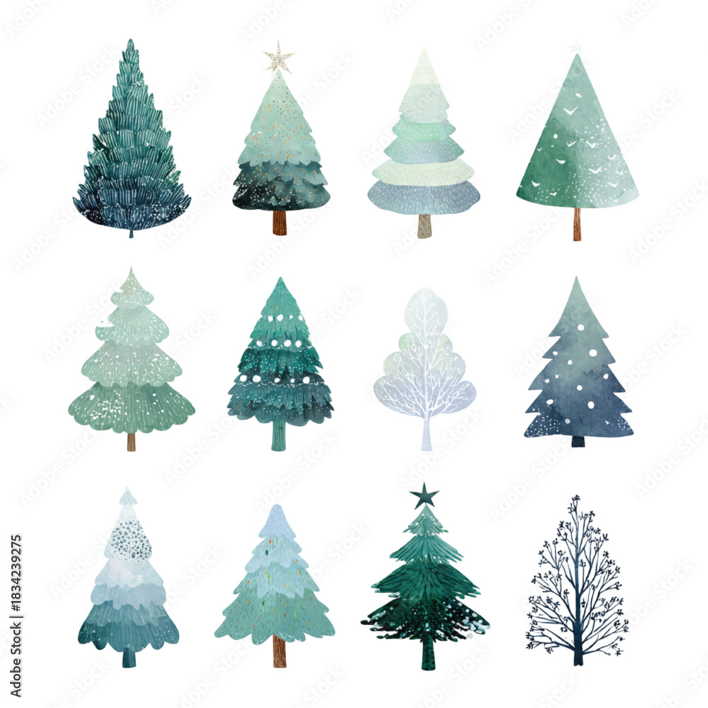 Obraz premium Decorative Holiday Evergreen Tree Clipart Set With Snow Sparkles, Festive Shapes and Classic Winter Fir Elements for Seasonal Art Projects
