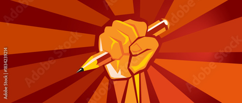 Education Revolution: Raised Fist Holding a Pencil Vector