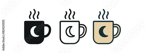 night tea icons three cup icons with steam and small moon symbol one flat solid monochrome one thin black outline black and white one full color flat icon beige and navy