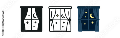 bedroom window night icons three window icons with curtain and night sky view one flat solid monochrome one thin black outline black and white one full color flat icon dark blue tones