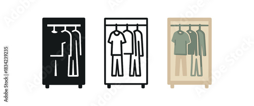 eco wardrobe icons three slim closet silhouettes with few calmtoned garments one flat solid monochrome one thin black outline black and white one full color flat icon sand and sage