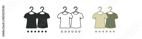 slow outfit planning icons three weekly hanger silhouettes with tiny day dots one flat solid monochrome one thin black outline black and white one full color flat icon beige and muted olive