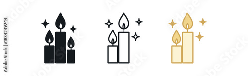 candle night icons three candle silhouettes with small flame and sparkles one flat solid monochrome one thin black outline black and white one full color flat icon gold and cream