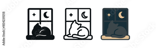 night cat icons three curled cat silhouettes on window or bed one flat solid monochrome one thin black outline black and white one full color flat icon dark gray and warm accent