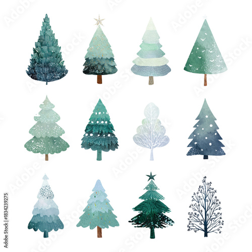Decorative Holiday Evergreen Tree Clipart Set With Snow Sparkles, Festive Shapes and Classic Winter Fir Elements for Seasonal Art Projects