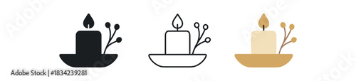 night candle tray icons three tray icons with candles and dried flowers one flat solid monochrome one thin black outline black and white one full color flat icon beige and gold