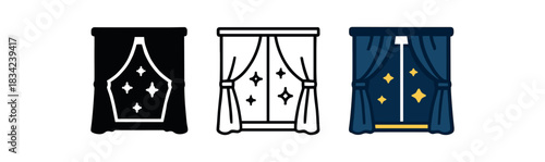 window curtain night icons three window silhouettes with drawn curtains and visible stars one flat solid monochrome one thin black outline black and white one full color flat icon navy and