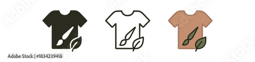 dye repair icons three garment silhouettes with small brush droplet and leaf one flat solid monochrome one thin black outline black and white one full color flat icon clay and olive