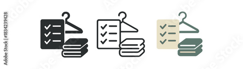 wardrobe audit icons three checklist hanger and garment stack silhouettes one flat solid monochrome one thin black outline black and white one full color flat icon cream and muted green