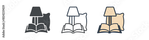 night reading icons three lamp and book icons beside pillow one flat solid monochrome one thin black outline black and white one full color flat icon beige and navy