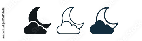 moon and clouds icons three moon icons partially covered by soft clouds one flat solid monochrome one thin black outline black and white one full color flat icon navy and cream