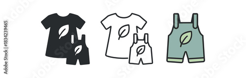 kids sustainable fashion icons three small tshirt dress and overalls silhouettes with leaf mark one flat solid monochrome one thin black outline black and white one full color flat icon