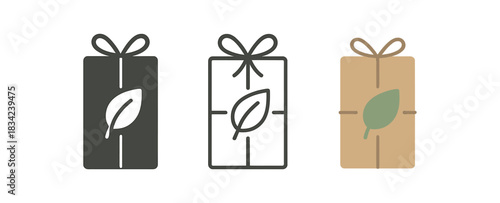 eco fashion shipping icons three slim parcel silhouettes with leaf stamp and twine bow one flat solid monochrome one thin black outline black and white one full color flat icon kraft and