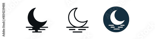 peaceful moon reflection icons three moon icons mirrored on calm water one flat solid monochrome one thin black outline black and white one full color flat icon dark blue and silver