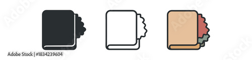 fabric swatch book icons three small booklet silhouettes with overlapping textile tabs one flat solid monochrome one thin black outline black and white one full color flat icon muted