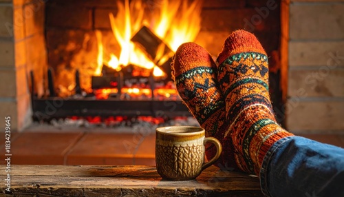 Cozy winter evening relaxing by the fireplace with warm socks and a hot drink, perfect for holiday comfort and seasonal lifestyle promotions
